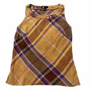 Carole Little 100% Linen Plaid Sleeveless Blouse | Medium | Side Slits + Zip